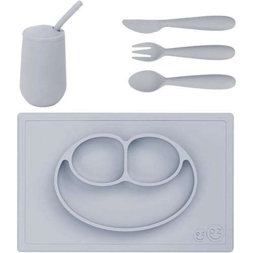 ezpz Preschool Feeding Set 24m+ (Pewter) Happy Mat + Happy Utensils + Happy Cup + Straw training system Toddler Essentials