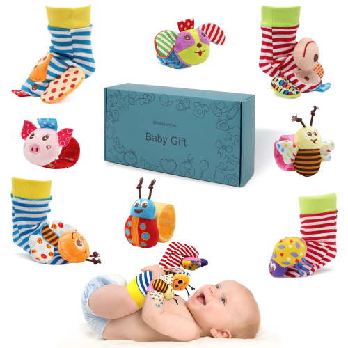 Wrist Rattles Foot Finder Rattle Sock Baby Rattle Toy, Arm Hand Bracelet Rattle, Feet Leg Ankle Socks, Birthday Holiday Birth Present for Newborn Boy Girl