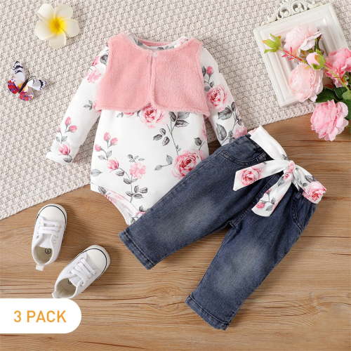 TAIAOJING Baby Girls Long Sleeve Flower & Vest Romper Top w/ Jean Pants Outfit (9-12m)