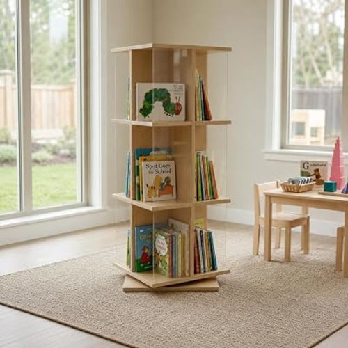 GUIDEWILL Kids Rotating Bookshelf, 360° Rotating Bookcase with Clear Acrylic Panels, 3-Tier Montessori Bookshelf for Kids, Nursery, Playroom & Classroom