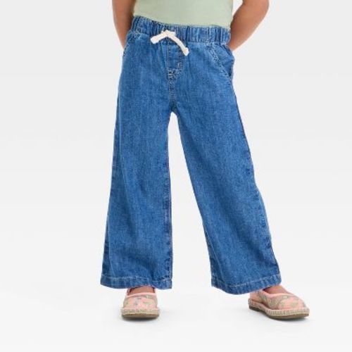 Toddler Girls' Wide Leg Pull-On Denim Pants - Cat & Jack™ Blue 18M: Midweight, Relaxed Fit, Elastic Waistband