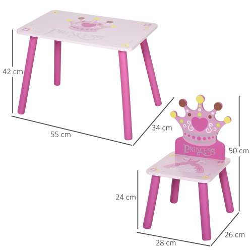 Qaba 3-Piece Set Kids Wooden Table Chair with Crown Pattern Easy to Clean Gift for Girls Toddlers Age 3 to 8 Years Old Pink