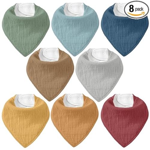 Muslin Baby Bibs 8 Pack, Baby Bandana Drool Bib for Drooling and Teething, Cotton Soft Absorbent for Girls Boys (Neutral)