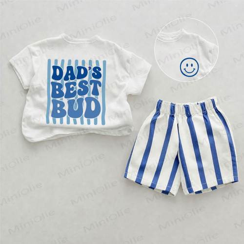DAD'S BEST BUD Baby Slogan Blue Vertical Striped 2-piece Shorts Set