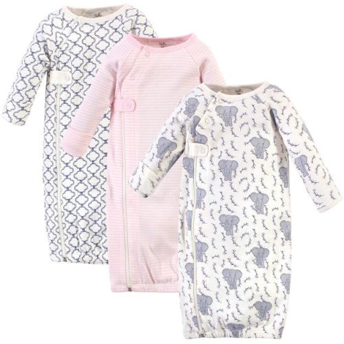 Touched by Nature Baby Girl Organic Cotton Zipper Long-Sleeve Gowns 3pk, Girl Elephant, 0-6 Months
