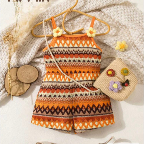 SHEIN Newborn Baby Girl Vacation Casual Knit Striped Floral Strap Romper Summer Baby Outfit Boho Toddler Romper Orange Baby Outfit Boho Baby Clothes | SHEIN USA