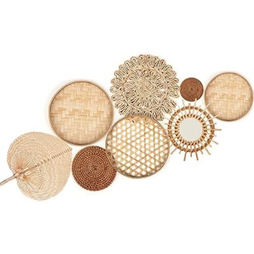 Unittype Wall Basket Decor Set of 8 Boho Wicker Wall Handmade Decor with Rattan Mirror Farmhouse Woven Hanging Basket for Bathroom Bedroom Living Room