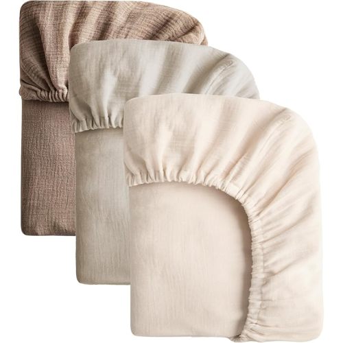 SOULFUL Muslin Crib Sheets for Boys Girls, 3 Pack Soft and Breathable Cotton Fitted Crib Sheets for Standard Crib Mattress (28"x 52", Beige & Light Tan & Brown)