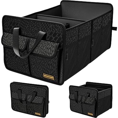 SIBOFUEGO Sturdy Car Trunk Organizer – Large Capacity Trunk Organizer for SUVs & Sedans, Hard-Shell One-Piece Design with Cute Print, Collapsible and Durable Car Organizers (Black Leopard 70L)