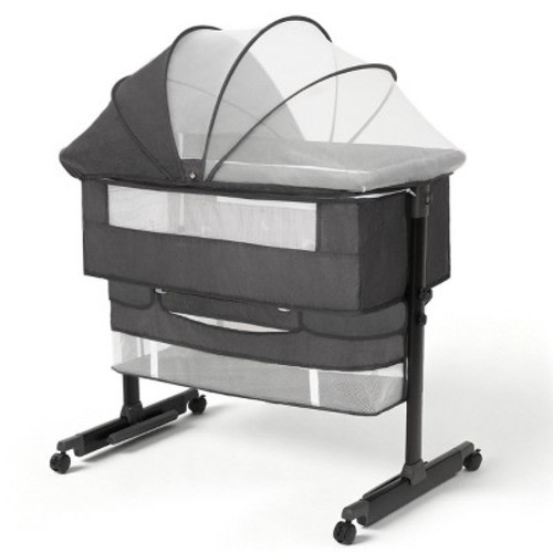 Baby Bassinet Bedside Crib with Adjustable Height, Breathable Mesh Sides, Wheels and Storage Basket,Grey