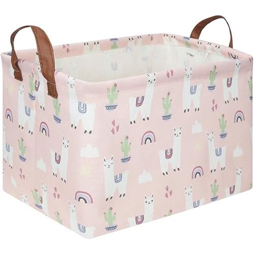 FXOLCSHE Rectangular Pink Alpaca Basket,Collapsible waterproof nursery laundry basket,Toy nursery, kids clothes gift basket with handles,Kids Room Decor(Alpaca)