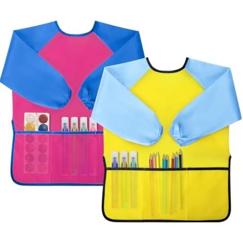 Kids Painting Apron 2 Pack, Waterproof Toddler Art Smock, Artist Smock for Kids Age 2-8 with Long Sleeve and 3 Pockets