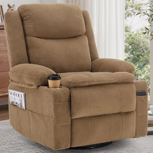 Korser Recliner Chair for Adults, 360°Swivel Rocker Recliner, Rocking Recliners with Massage & Heat, Nursery Rocking Chairs with Cup Holders, Manual Reclining Glider for Living Room, Nursery, Khaki