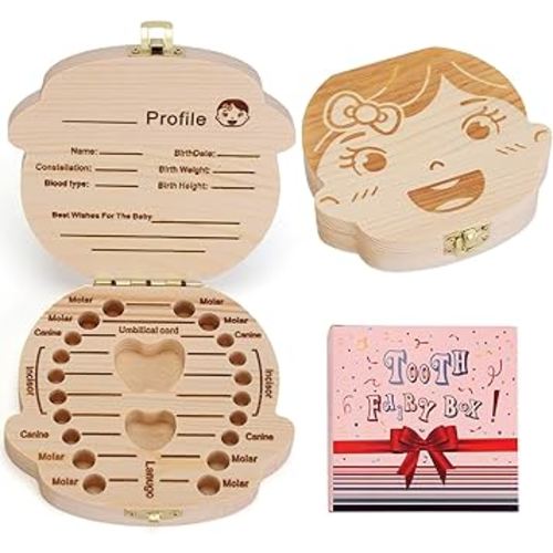NASHRIO Baby Tooth Box Wooden Kids Keepsake Organizer Gift for Baby Teeth, Cute Children Tooth Container with Tweezers to Keep the Childwood Memory (Gril)