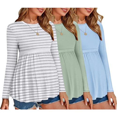 Ekouaer Maternity Shirts 3 Packs Pleated Long Sleeve Tops Tunic Casual Pregnancy Clothes