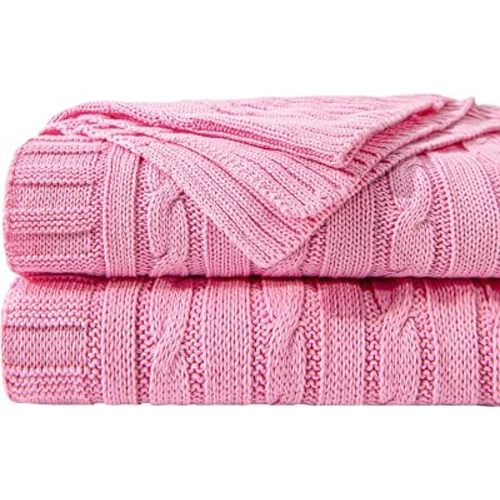 NTBAY Cotton Cable Knit Throw Blanket, 51 x 67, Pink