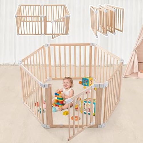 Foldable Wooden Playpen-51x51x25in-Large Baby Gate Playpen with Child-Proof Lock-Easy Assembly, Portable Design for Babies & Toddlers- Shape& Size Adjustable Baby Fence Play Area (Wood, 6 Panel)