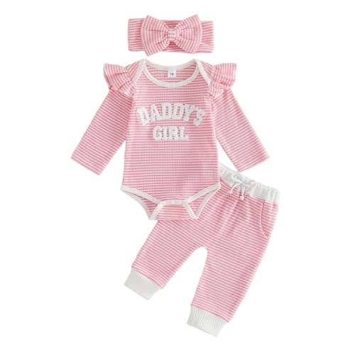 Sejardin Infant Baby Girl Fall Clothes Waffle Newborn Daddys Girl Outfit | Letter Embroidery Print Long Sleeve Romper Pants Headband Newborn 3 6 12 18M Outfit