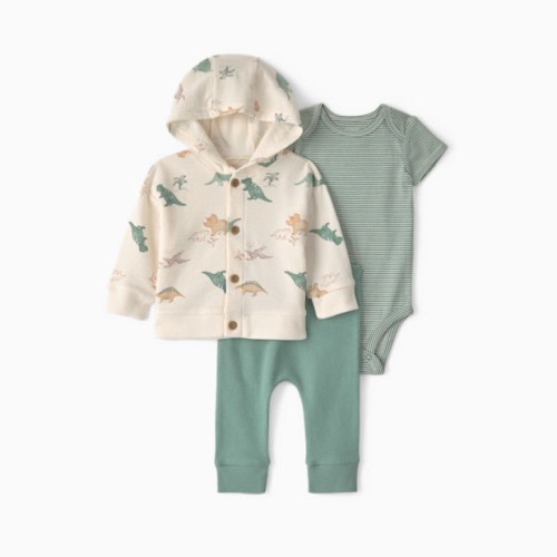 3-Piece Hoodie Layering Set - Green/Cream Dinosaur