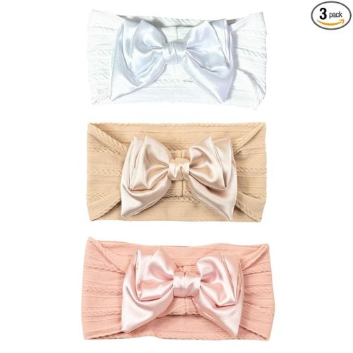 3 Pcs Baby Bows Headbands Soft Nylon Hairbands Super Elastic Headband Hair Accessories For Baby Girls Infant Toddler Essentials (Gold Pink White, Mid)