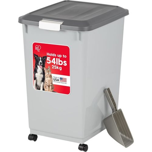 IRIS USA Dog Food Storage Container with Wheels, Airtight Lid, 2-Cup Scoop, Up to 40 Pounds Pet Food Storage, Built in Scoop Storage in Lid, Versatile Pet Food Bin, Portable, BPA Free, Gray/Dark Gray