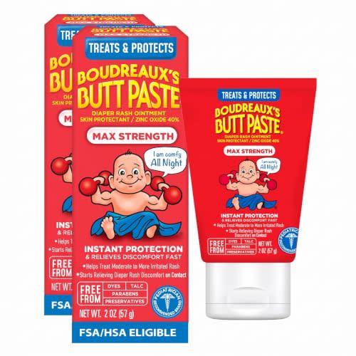Boudreaux’s Butt Paste Max Strength Diaper Rash Cream for Baby, Ointment With Zinc Oxide, 2 oz Tube (Pack of 2)