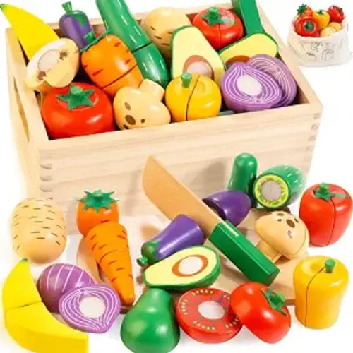Wooden Play Food Set for Kids Kitchen, Cutting Veggies & Fruits Toy Set | Kitchen Role-Play, with Storage Case & Bag, Easy to Tidy Up, Part-to-Whole Learning, Birthday / Holiday Gift