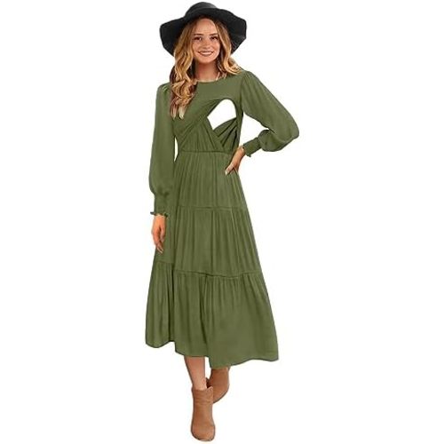 Womens Flutter Long Sleeve Smocked Tiered Nursing Dress for Breastfeeding with Pockets