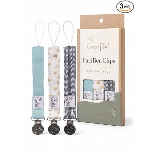 Copper Pearl 3-Pack Premium Knit Binky Holders: Stylish Stainless Steel Pacifier Clips for Baby Girls and Boys - No More Floor Drops