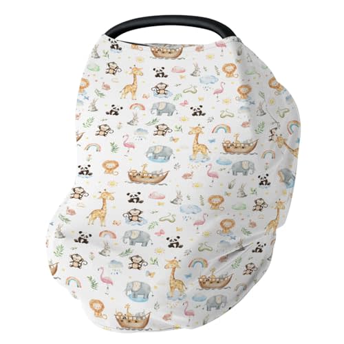 Cute Animals Ship Car Seat Cover for Babies Lion Panda Giraffe Flamingo Rainbow Sun Leaves Stretchy 5-in-1 Cover Adjustable Car Canopy Breastfeeding Cover Wildlife Breathable Nursing Cover-Up