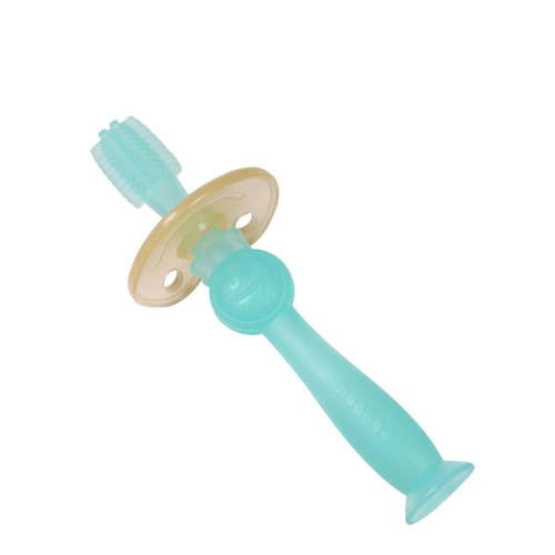 haakaa 360 Baby Toothbrush with Suction Base - Gentle Cleaning for Infant Self-Brushing Training, Food-Grade Silicone, Adjustable Safety Shield - Translucent (1 Piece) Blue