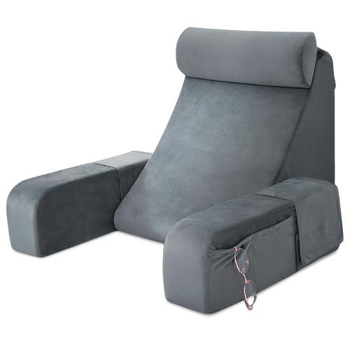 VEGCOO Reading Pillow with Arms for Sitting Up in Bed, Large Backrest Pillow for Back Support, Ergonomic Bed Rest Pillow for Reading, Gaming & Watching TV, Soft Plush Grey Back Pillow for Adult