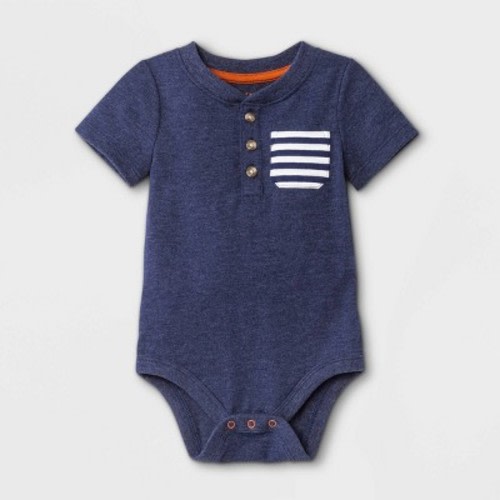 Baby Boys' Henley Striped Short Sleeve Bodysuit with Pocket - Cat & Jack™ Navy 0-3M