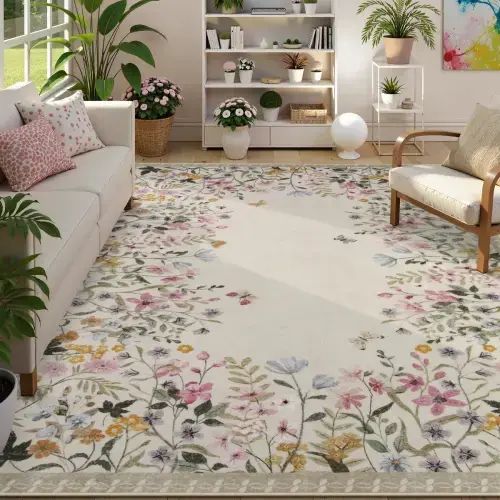 Solene Modern Blooming Floral Garden Beige Area Rug - Lahome
