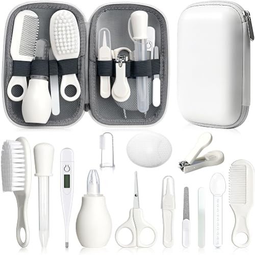 Baby Grooming Kit, Infant Safety Care Set with Hair Brush Comb Nail Clipper Nasal Aspirator,Baby Essentials Kit for Newborn Girls Boys (White)