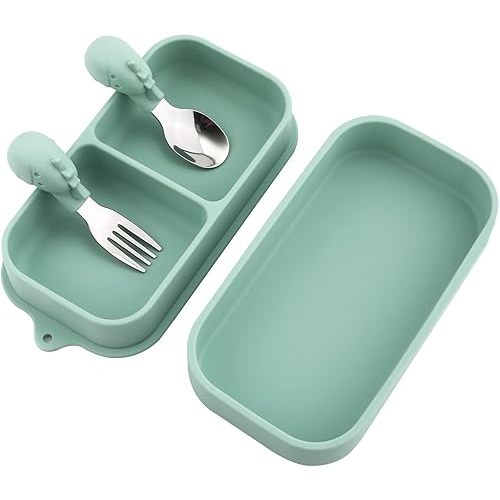 4pcs Travel Suction Plate for Baby, Portable Silicone Suction Plate to Go Set for Toddler, Baby Divided Bowls with Utensils Compact Design for Travel and Outdoor Baby Essentials (Green)