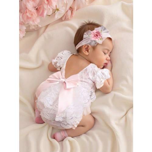 SHEIN Newborn Girl Lace Romper Set For Photoshoot Pink Ribbon Bow Romper Newborn Photo Props Infant Photography Outfit | SHEIN USA