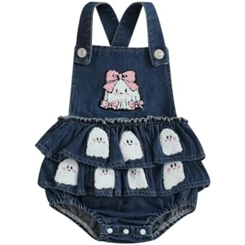Kuriozud Halloween Baby Girl Outfit Denim Jeans Romper Pumpkin/Ghost Onesie Overall Bodysuit Infant First Halloween Clothes