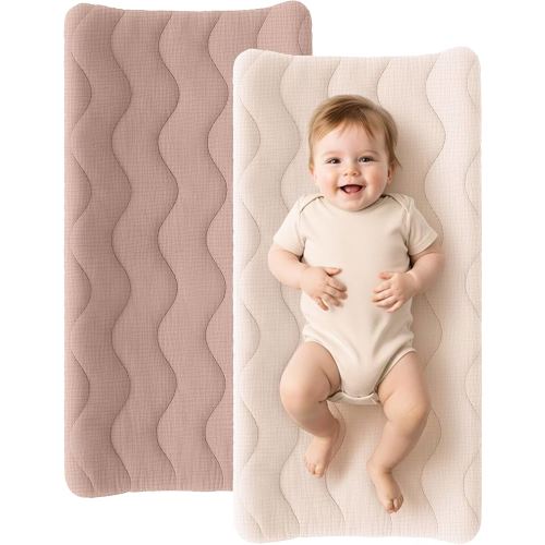 Konssy Waterproof Muslin Changing Pad Cover 2 Pack, 100% Cotton Quilted Diaper Changing Table Sheets, Soft Breathable Boho Nursery Bedding for Baby, Silent & Absorbent Standard Fit (Taupe,Cream)