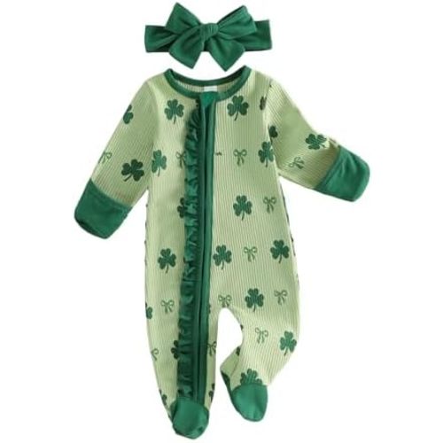 St Patricks Day Baby Girl Outfit Infant Newborn Footie Waffle Knit Romper Zippers Ruffle Jumpsuit Shamrock Clothes