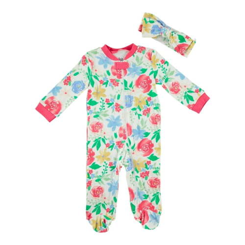 Chick Pea Baby Girl 2-Piece Footed Coverall Set Matching Headband Floral Pajamas, Sizes Newborn-9 Months