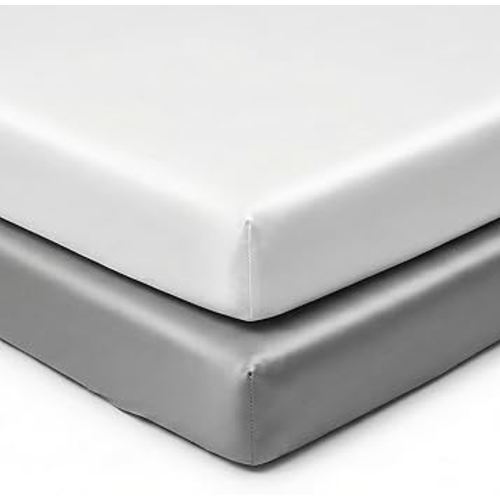 Pro Goleem Satin Mini Crib Sheets 2 Pack, Grey & White Silky Soft Fitted Sheet for Baby Hair Protection, 38"x24"x5" Breathable Mattress Cover Compatible with Pack n Play & Portable Crib