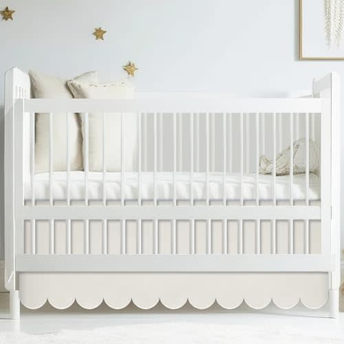 Hahafelt Scalloped Crib Skirt 28"x 52" with Drop Pleated Dust Ruffle with Split Corners for Baby Boys Girls Soft 4-Sided Crib Bed Skirt Nursery Standard Toddler Bedding(14" Drop,Beige)