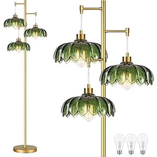 QIYIZM Glass Floor Lamp for Living Room,Bedroom,Mid Century Modern Standing Lamp Brass Tree 3 Light Tall Floor Lamps Vintage Retro Floor Lights Gold Green Flower Lamp Shade Farmhouse Boho Bohemian