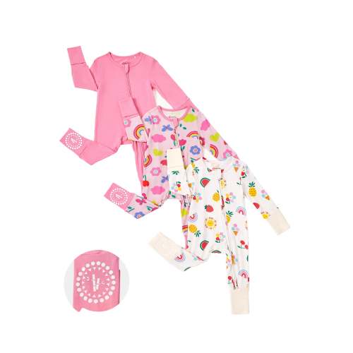 Bamboo Baby Boy / Girl 3-Pack Solid&Rainbow Printed 2-Way Zipper Anti Slip Long-sleeve Footie Pink