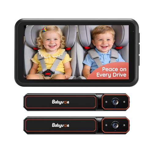 Babyvue BV6PRO Wireless Dual Car Camera Baby Monitor Fast Setup, HD1080P Spilt-Screen Baby Car Monitor for 2 Kids, Auto IR Night Vision Backseat Camera for Newborns Gift