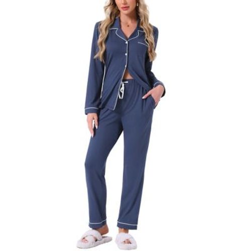 INSPIRE CHIC Womens Long Sleeve Button Down with Pockets Notch Collar Pants Pajama Sets