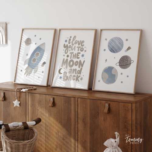 Space Nursery Prints: Rocket, Planets, Moon & Back Quote