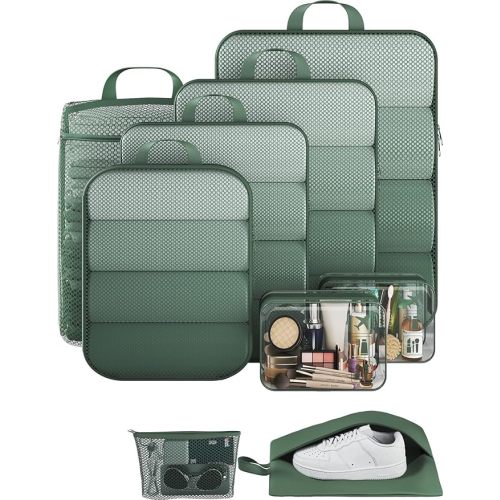 Veken 9/11 Set Compression Packing Cubes for Travel Essentials,Compressible Expandable Large Luggage Suitcase Organizer Bags for Clothing,Durable Space Saver Storage Bags(Dark Green)