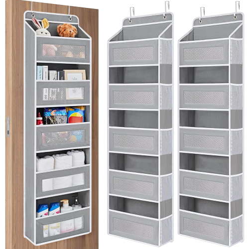 2PCS Over the Door Hanging Organizer with 5 Large Pockets, 5-Shelf Door Storage Rack, Anti-Tilt Heavy Duty Organizer for Bedroom, Bathroom, or Pantry (Grey)